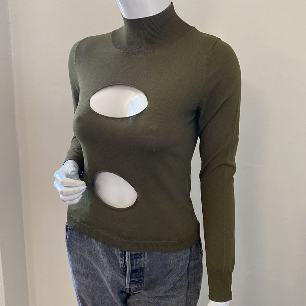 Miaou Eros Army Green Cutout Long Sleeve Thin Knit Mock Neck Sweater Top - Picture 4 of 7